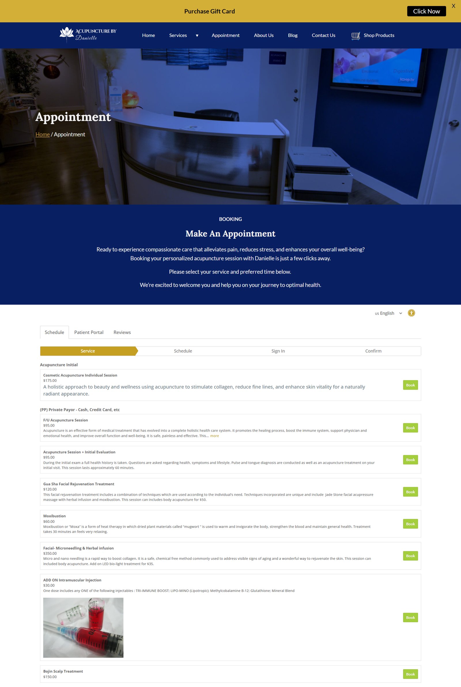 The appointment page, with a structured booking flow for new and returning patients